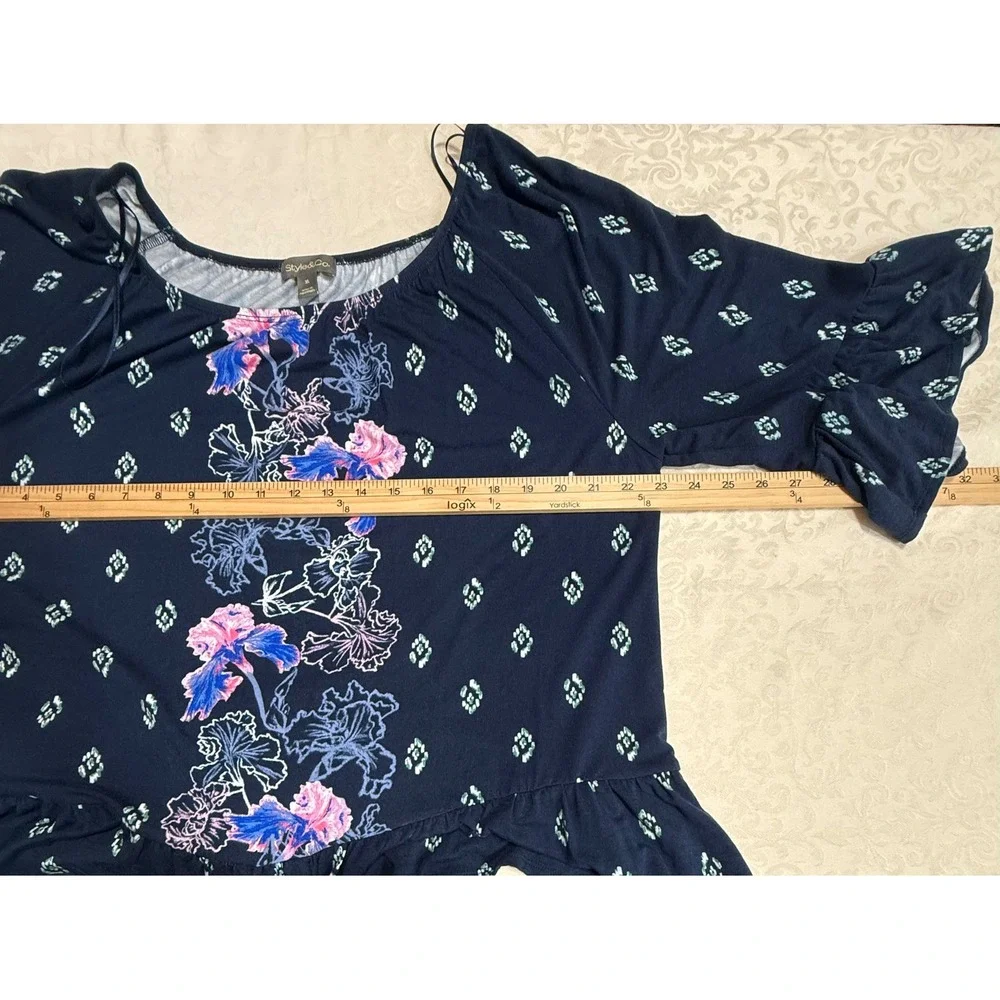 Style & Co Womens XL Navy Blue Floral Ruffle Hem Bell Sleeve Cottagecore Boho